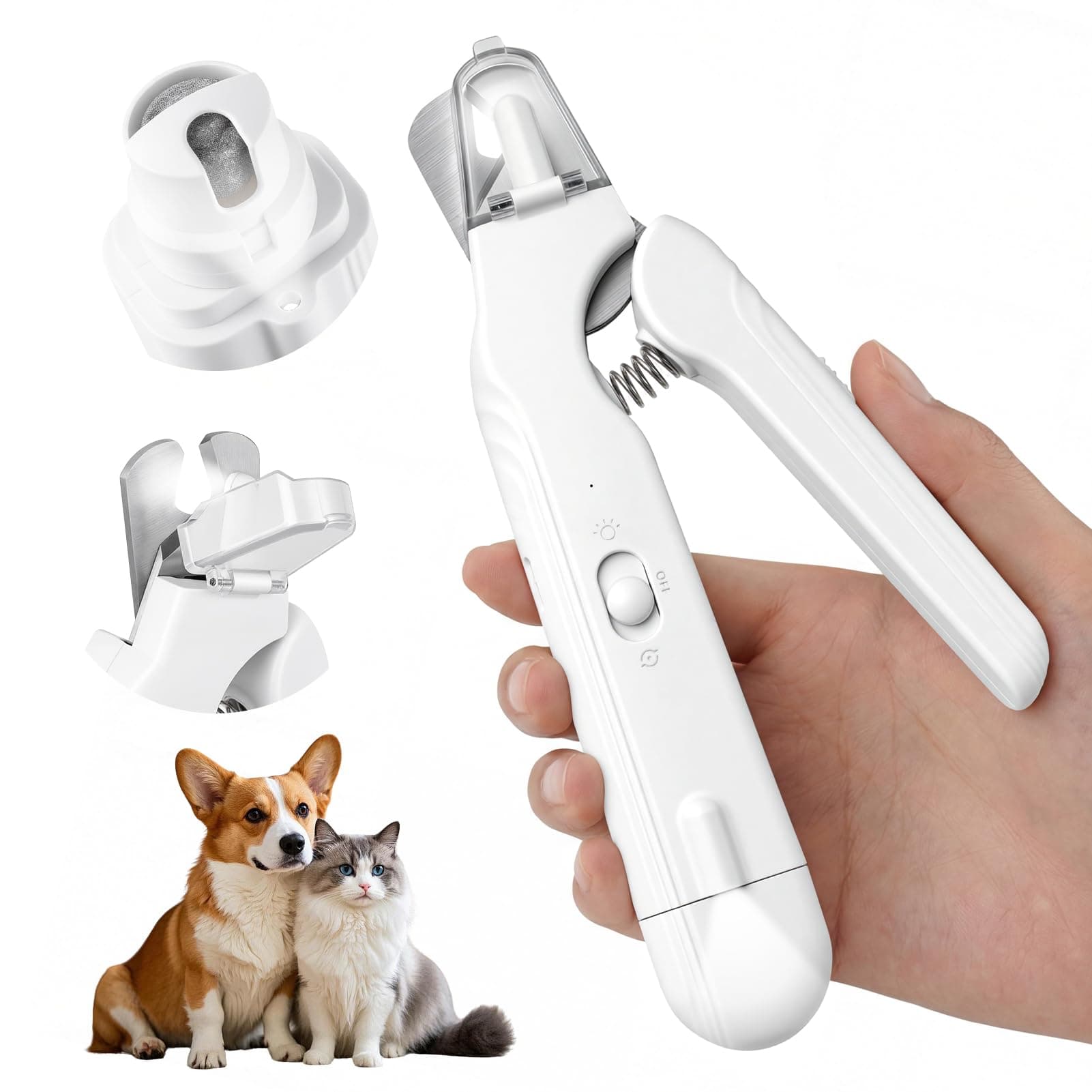 2-in-1 Cat Dog Nail Clippers & Nail Grinder with Lights, Cat Nail Trimmer with 2 LED Lights & Splash Guard, USB Rechargeable Pet Claw Clippers with Nail File for Small Medium Cats Dogs, White
