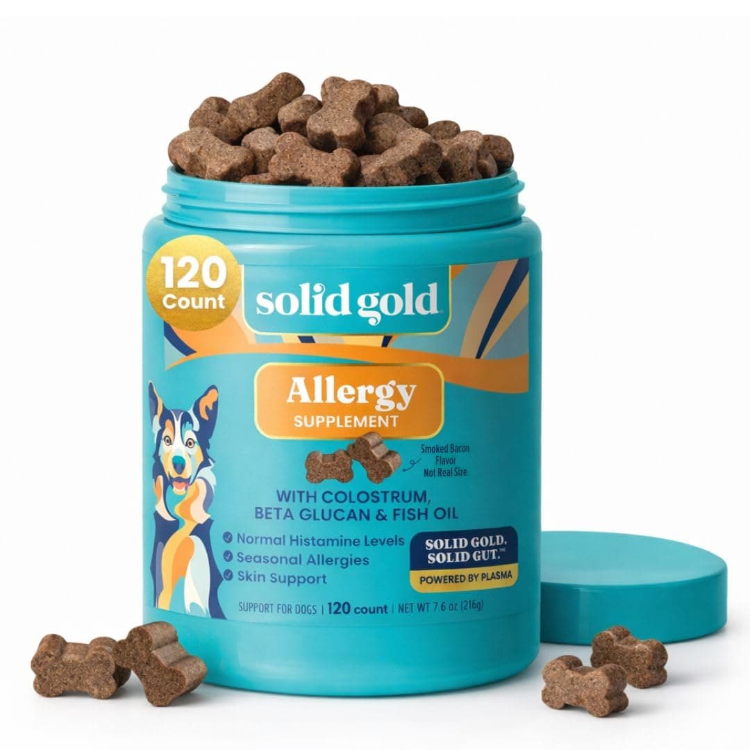 Solid Gold Dog Allergy Relief Chews - Dog Itching Skin Relief & Seasonal Allergies Support - Alaskan Salmon Oil for Dogs Skin, Coat & Immune Support - Bacon Flavor Soft Allergy Chews for Dogs -120ct