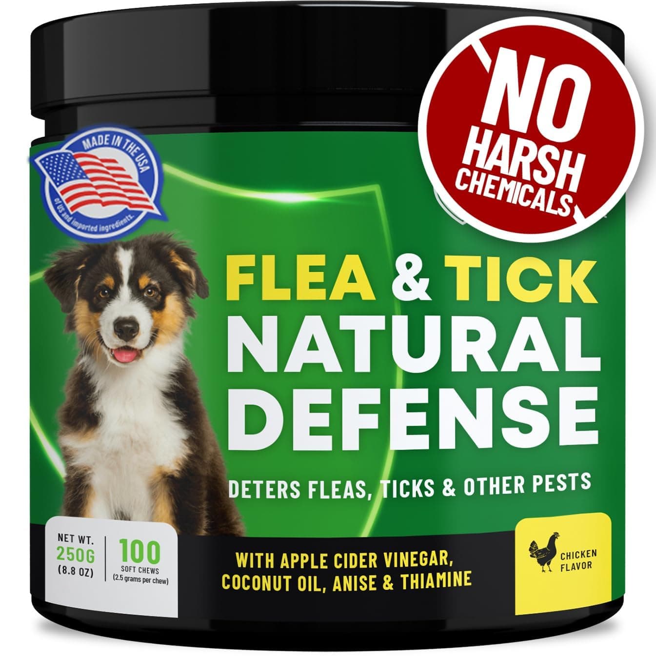 Flea and Tick Chewable Pills - No Harsh Chemicals - 100 Chicken Flavored Treats - Guardian's Choice Pets Brand - Tasty Chews Flea Pills Dogs Love