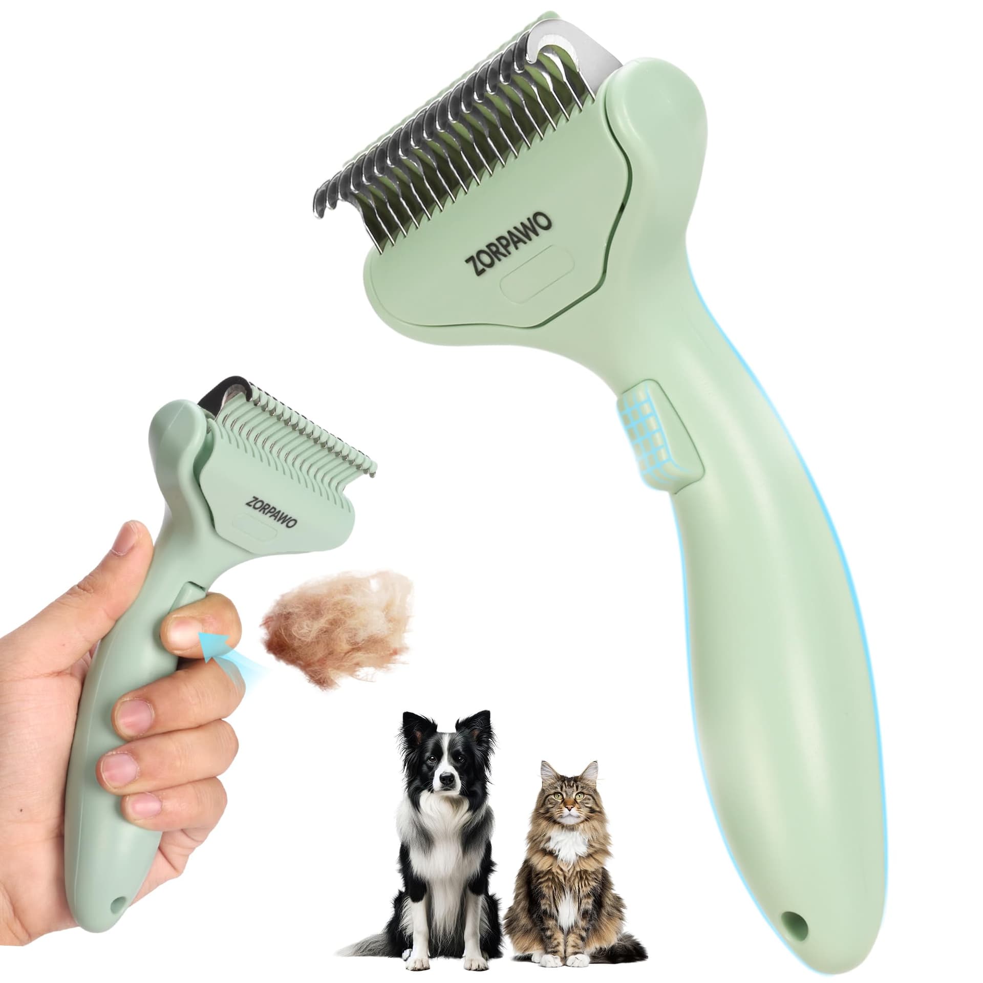 Dog Deshedding Brush & Dematting Comb for Cats - Removes Mats, Tangles & Loose Hair Painlessly, Professional Undercoat Rake for Long Haired Pets(Green)