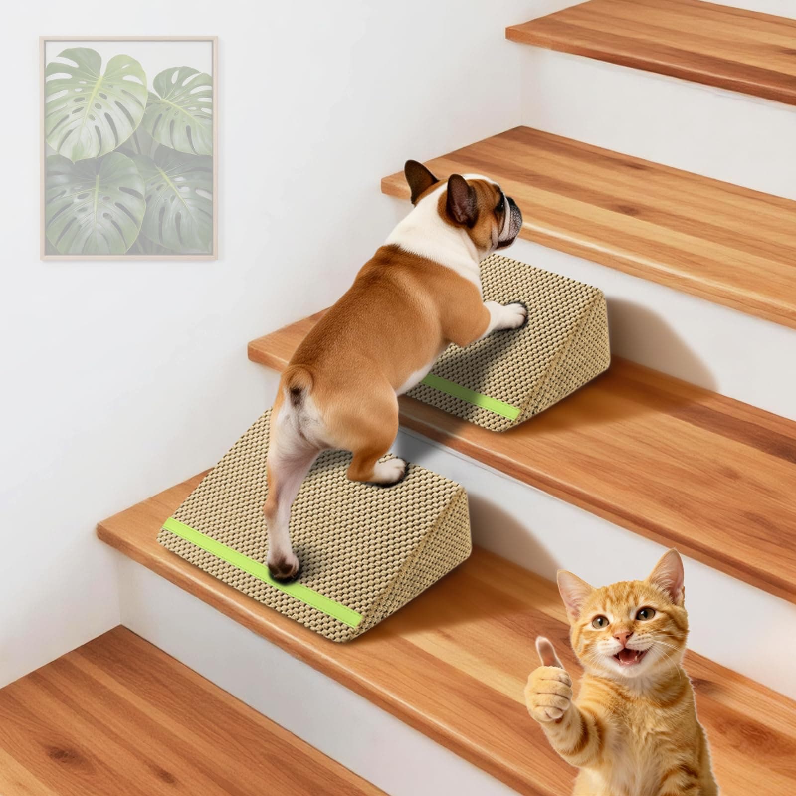 JoyBlooms Dog Ramp for Stairs for Small & Senior Dogs Cats, 40D Density Foam Gentle Slope Non-Slip Dog Stair Ramp with Glow Strip, Pet Ramp with Removable Washable Cover Brown-2pcs