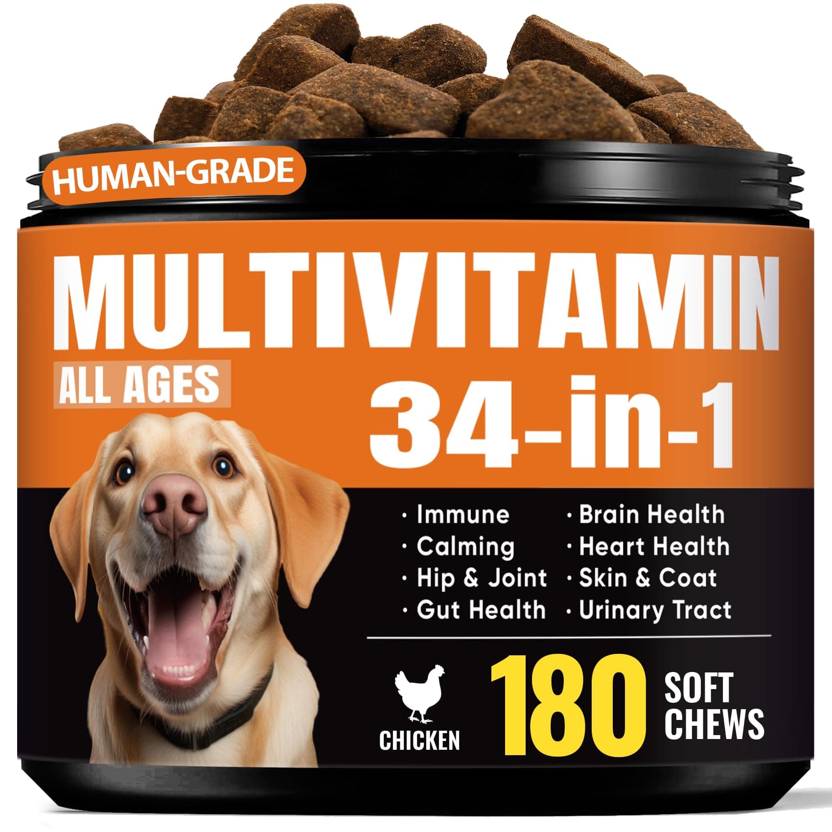 Dog Vitamins & Supplements 34-in-1 Pet Multivitamin Softchews, Daily Dog Supplements for Hip & Joints, Skin & Coat, Immune Health with Glucosamine, Probiotics, Collagen & Fish Oil (90-Day Supply)