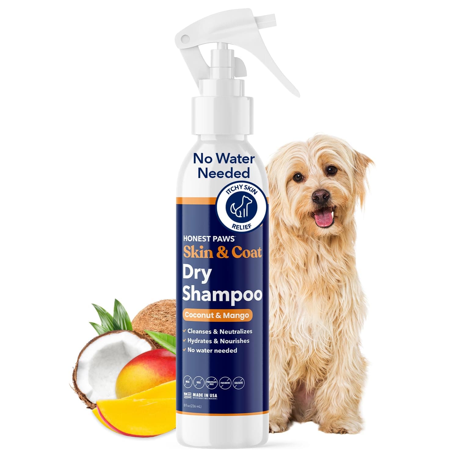 Honest Paws Dog Dry Shampoo - Waterless No Rinse Spray Formula Reducing Itch Cleanse Hydrate Nourish Dry Skin and Smelly Coat Help Decrease Odor Shedding and Allergies - Coconut & Mango - 8 oz