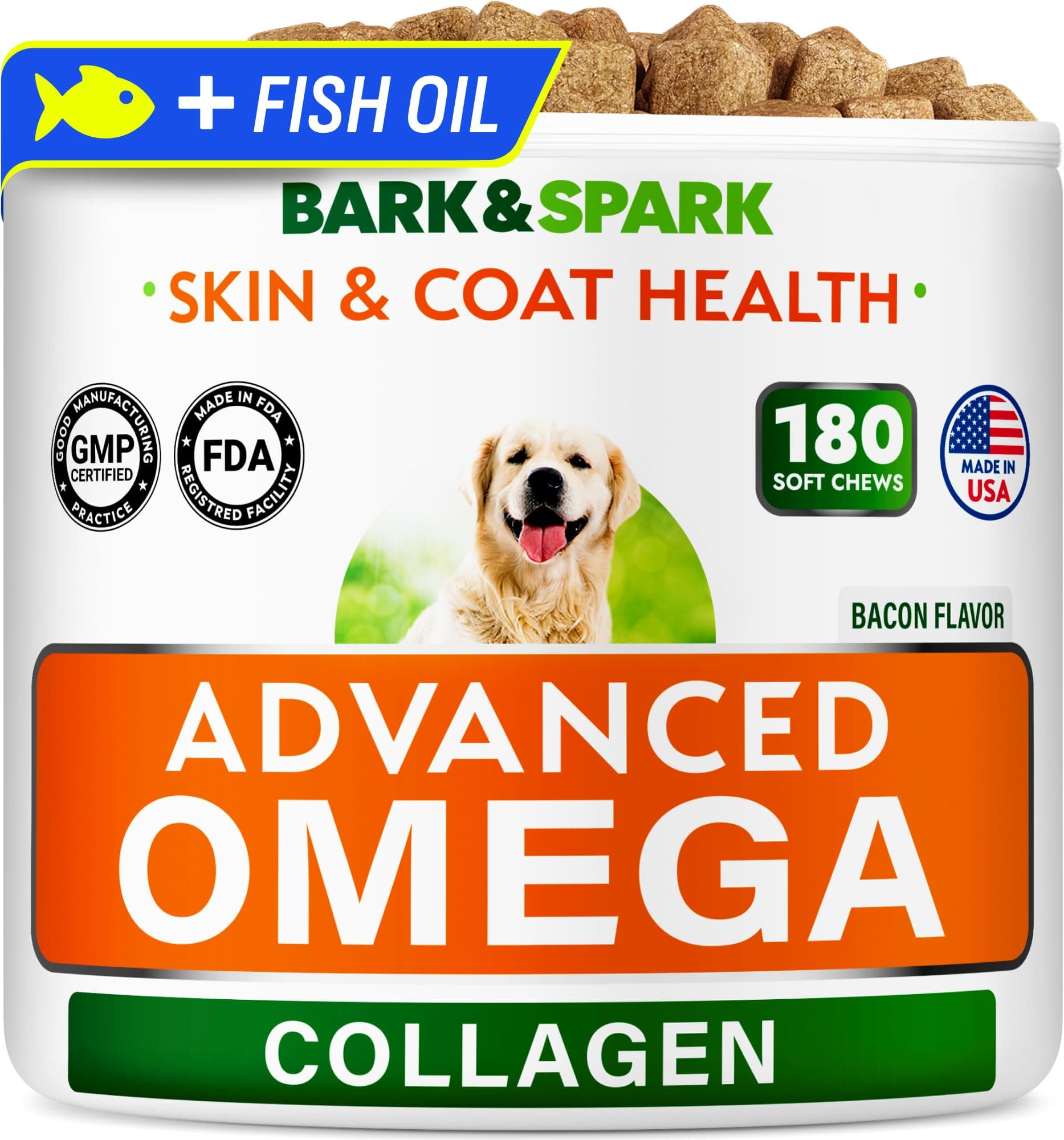 BARK&SPARK Advanced Omega-3 Collagen for Dogs - 180 Fish & Salmon Oil Treats for Dog Shedding, Skin Allergy Chews, Itch Relief, Hot Spots Treatment - Joints, Skin&Coat Supplement, EPA&DHA Fatty Acids