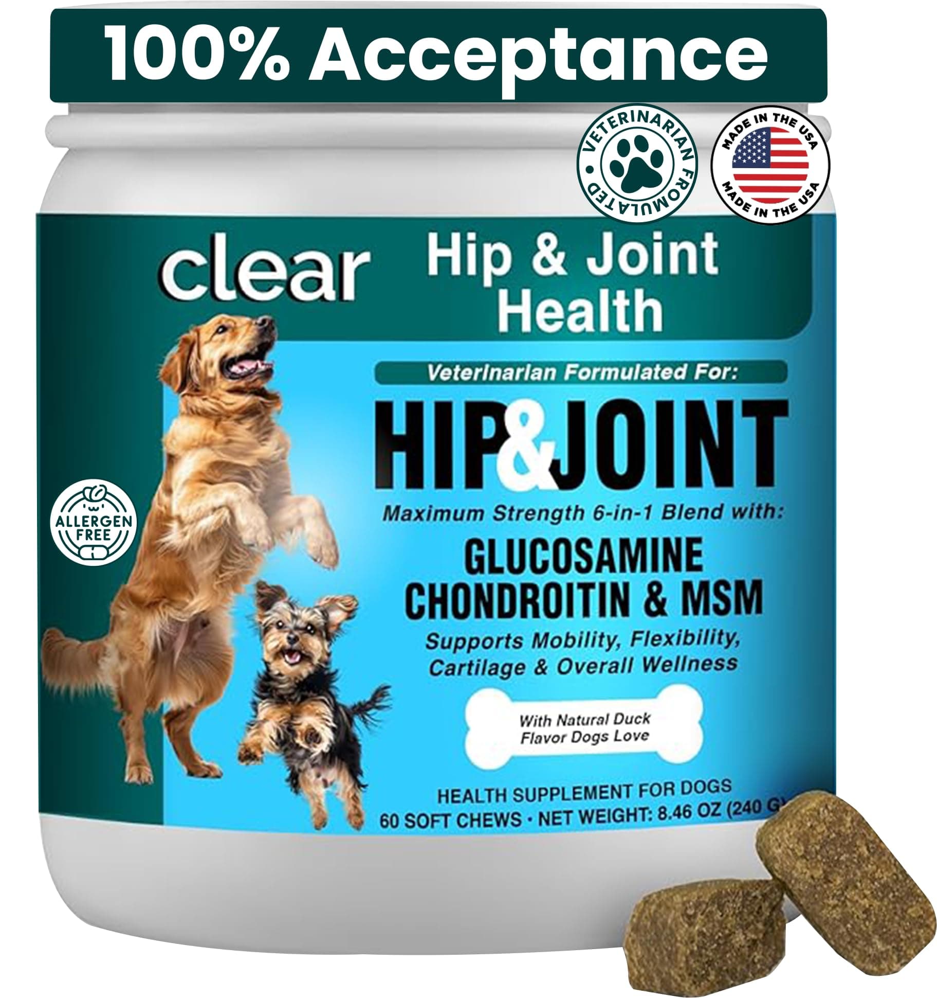 Glucosamine for Dogs Hip and Joint Supplement - Chondroitin, MSM, Green-Lipped Mussel - Clear Hip & Joint - Advanced Mobility Cartilage Support, Bone Health - Tasty Chews 60ct - Made in USA