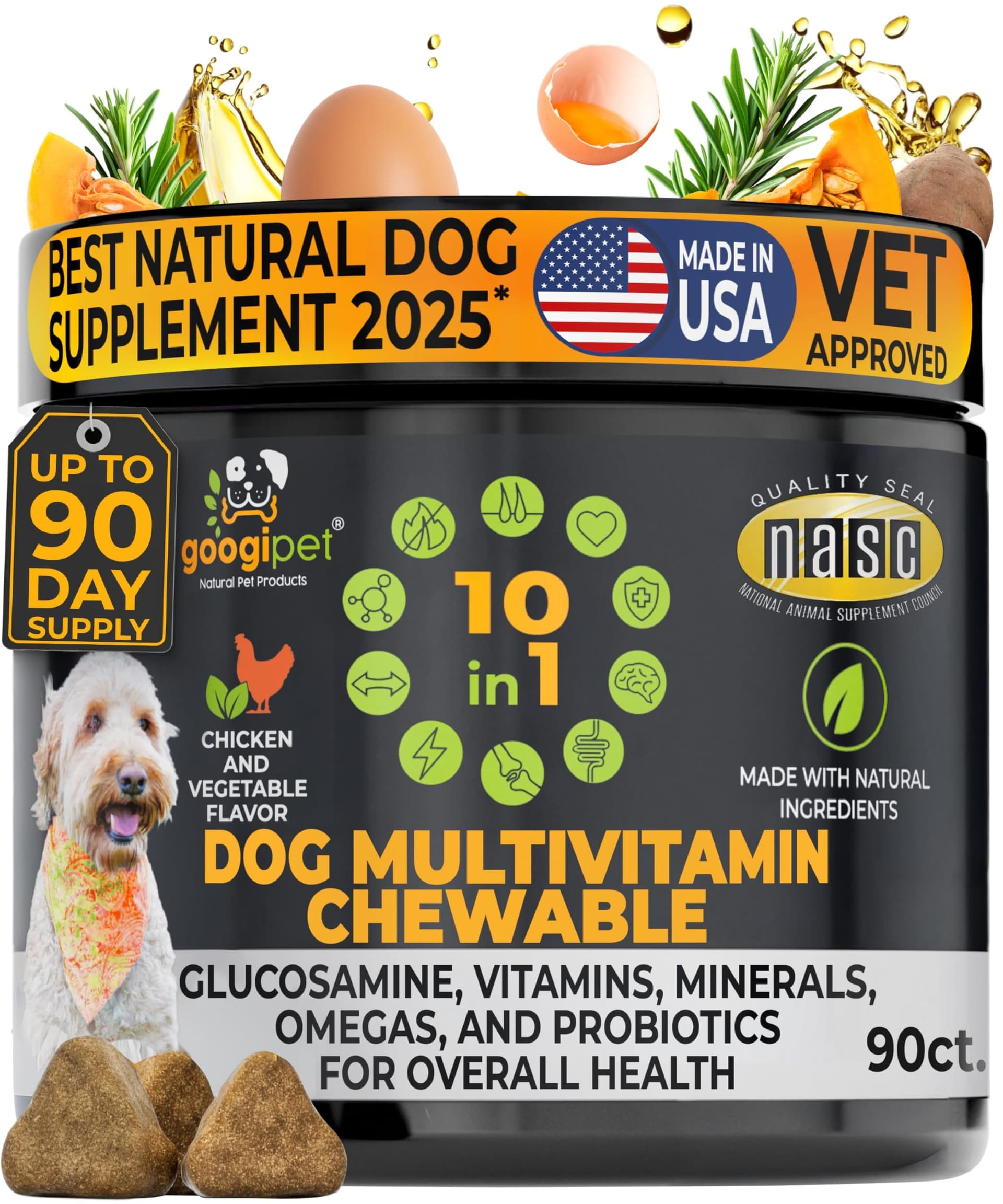 Googipet Premium Dog Multivitamin Chewable, Dog Vitamins and Supplements, Puppy Vitamins & Senior Dogs Probiotics for Gut Health + Vitamin C, Glucosamine for Dogs Joint Support (Chicken Flavor)