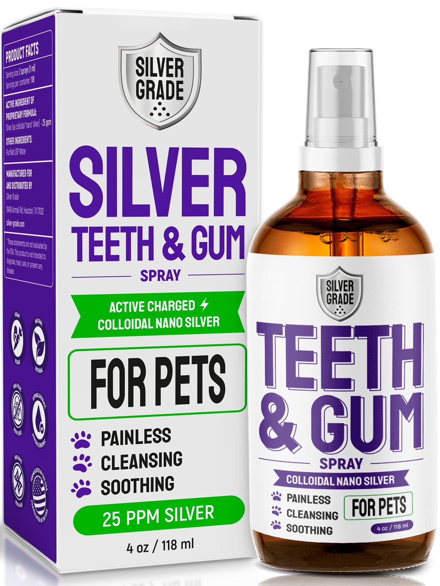 SILVER GRADE Teeth & Gum Dog Breath Spray for Pets Mouth – Cat Dental Care with Silver – Dog Breath Freshener Helps with Tartar & Caries – Plaque Remover for Daily Use – 4 Oz
