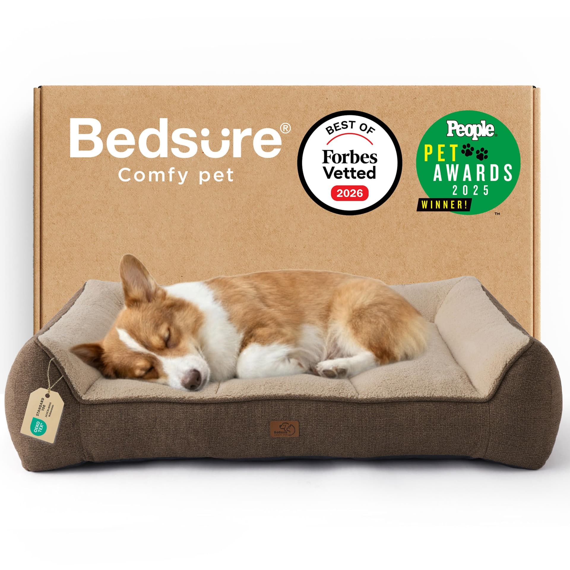 Bedsure SupportMax™ Orthopedic Dog Bed Medium Size Dog - As Seen on TV Extra Thick Supportive Medium Dogs Beds with Waterproof Washable Cover, Comfort Pet Bed Sofa with Soft Sherpa, Brown, 35"